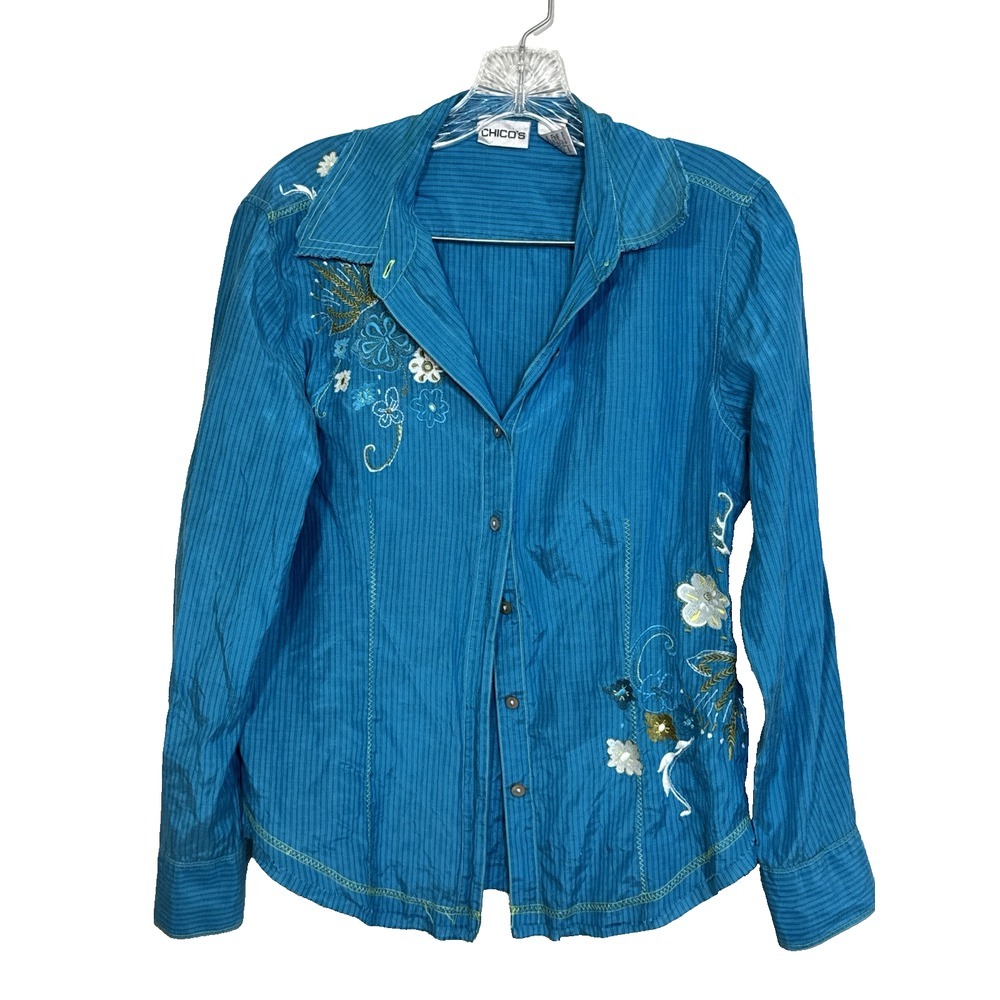 Chico's Silk Blue‎ Embroidered Floral Long Sleeve Button-down Womens Top